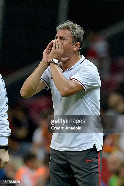 Galatasaray's head coach Hamza Hamzaoglu gestures during the preseason friendly match between Galatasaray and Inter Milan at Turk Telekom Arena on...