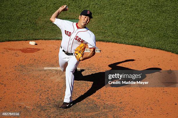 Koji Uehara of the Boston Red Sox pitches against the Tampa Bay Rays during the ninth inning at Fenway Park on August 2, 2015 in Boston,...