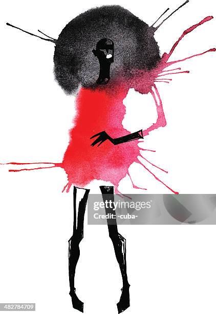 watercolor of woman with black hair in a red dress - black woman red dress stock illustrations