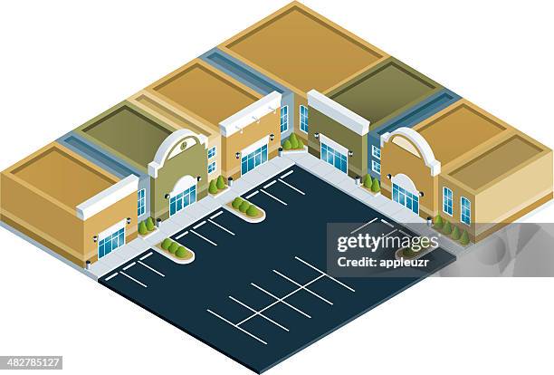 ilustraciones, imágenes clip art, dibujos animados e iconos de stock de isométricos centro comercial suburbano - parking lot