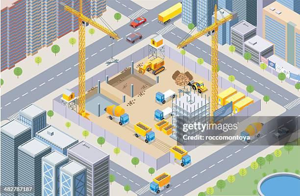 isometric, construction site - city building stock illustrations