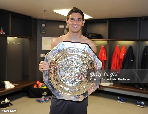 Arsenal goalkeeper Emiliano Martinez celebrates after the FA Community Shield match between Chelsea and Arsenal at Wembley Stadium on August 2, 2015...