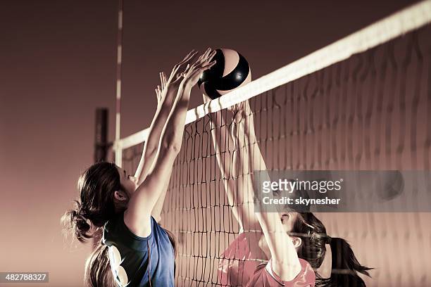 volleyball players in action. - blocking sports activity stock pictures, royalty-free photos & images