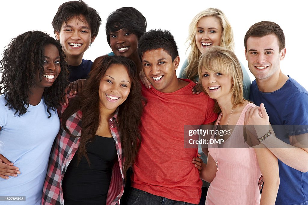 Happy multicultural group of college students together on white