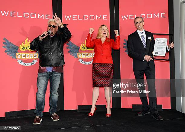 Chef and television personality Guy Fieri, Regional President of The Quad Resort & Casino Eileen Moore and Regional Vice President and Assistant...