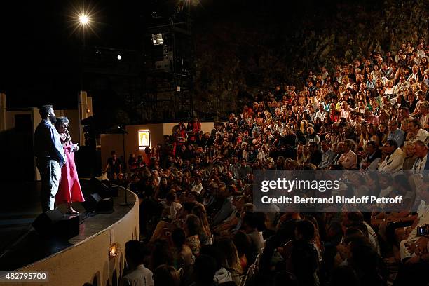 Edouard Bouchy Lucotte and President of Ramatuelle Festival Jacqueline Franjou present the 'Madame Foresti' show of Humorist Florence Foresti during...