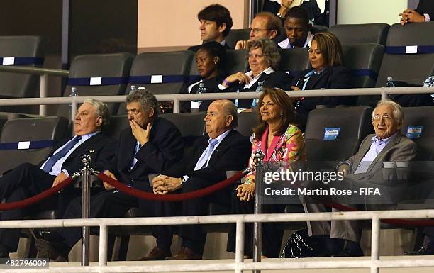 President Joseph S. Blatter and President of Costa Rica Laura Chinchilla Miranda attend the FIFA U-17 Women's World Cup 2014 final match between...