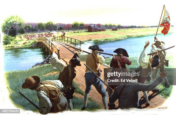 Painting depicting Colonial Minutemen holding off the British Army at the North Bridge during the Battle of Concord on April 19, 1775 in Concord,...