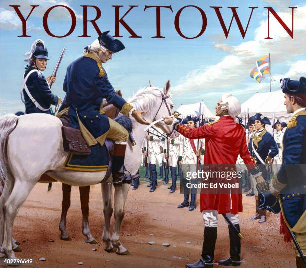 Painting depicting General Lord Cornwallis surrendering his sword and his army to General George Washington and the Continental and French armies...