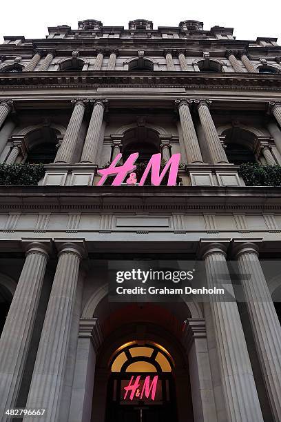 The H&M logo is seen on the GPO building at the opening of the first H&M Australia store at the GPO on April 5, 2014 in Melbourne, Australia.