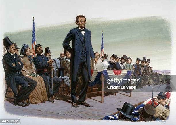 Painting depicting President Abraham Lincoln making a speech known as The Gettysburg Address at the dedication of the Soldiers' National Cemetery on...