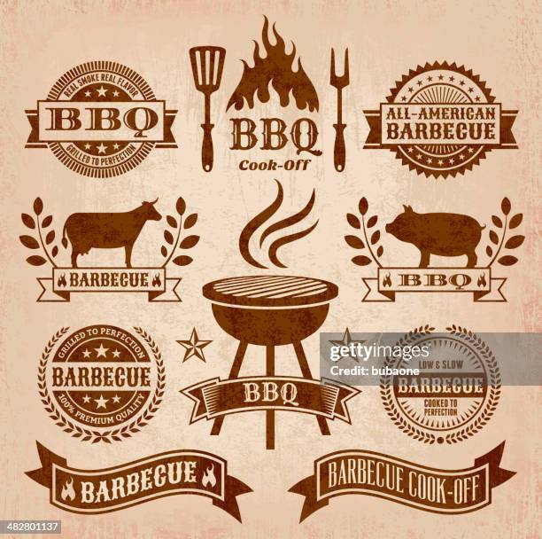 summer barbecue royalty free vector icon set - smoked bbq ribs stock illustrations