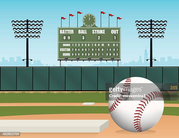 ilustraciones, imágenes clip art, dibujos animados e iconos de stock de campo de béisbol, bola, el estadio marcador ilustración vectorial y retro - base sports equipment