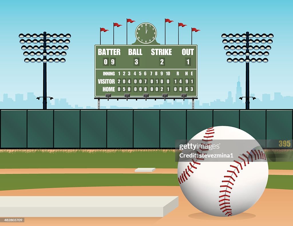 Baseball Field, Ball, Stadium and Retro Scoreboard Vector Illustration