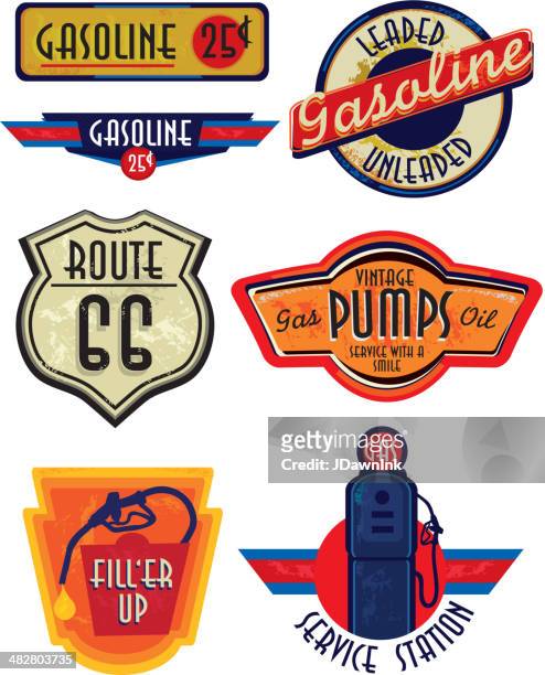 illustrazioni stock, clip art, cartoni animati e icone di tendenza di insieme di segni vintage bar del gas - route 66
