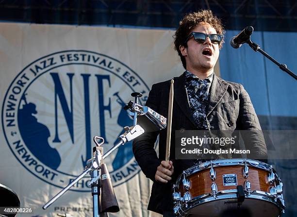 Jamie Cullum performs during the Newport Jazz festival 2015 at Fort Adams State Park on August 2, 2015 in Newport, Rhode Island.