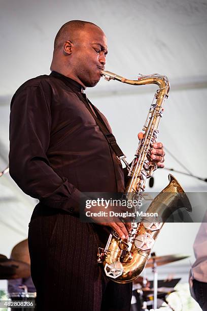 The James Carter Sextet performs during the Newport Jazz festival 2015 at Fort Adams State Park on August 2, 2015 in Newport, Rhode Island.