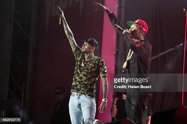 Chris Brown and Tyga attend Vestival at Malieveld on August 1, 2015 in The Hague, Netherlands.
