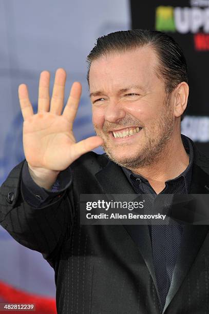 Actor Ricky Gervais arrives at the Los Angeles premiere of "Muppets Most Wanted" at the El Capitan Theatre on March 11, 2014 in Hollywood, California.