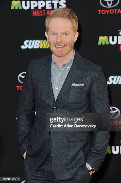 Actor Jesse Tyler Ferguson arrives at the Los Angeles premiere of "Muppets Most Wanted" at the El Capitan Theatre on March 11, 2014 in Hollywood,...