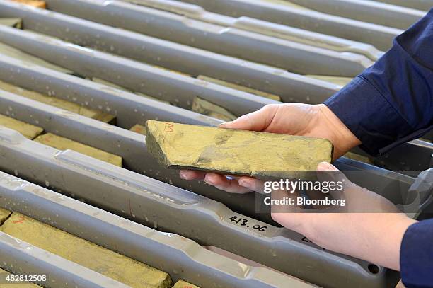 Copper-rich core sample is arranged for a photograph at the Sandfire Resources NL copper operations at DeGrussa, Australia, on Sunday, Aug. 2, 2015....