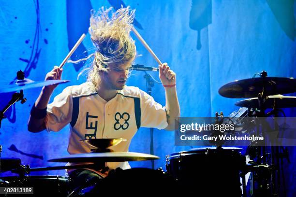 Arejay Hale of Halestorm performs on stage at Manchester Academy on April 4, 2014 in Manchester, United Kingdom.