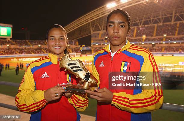 Deyna Castellanos and Gabriela Garcia of Venezuela win the adidas Golden Boot the FIFA U-17 Women's World Cup 2014 final match between Japan and...