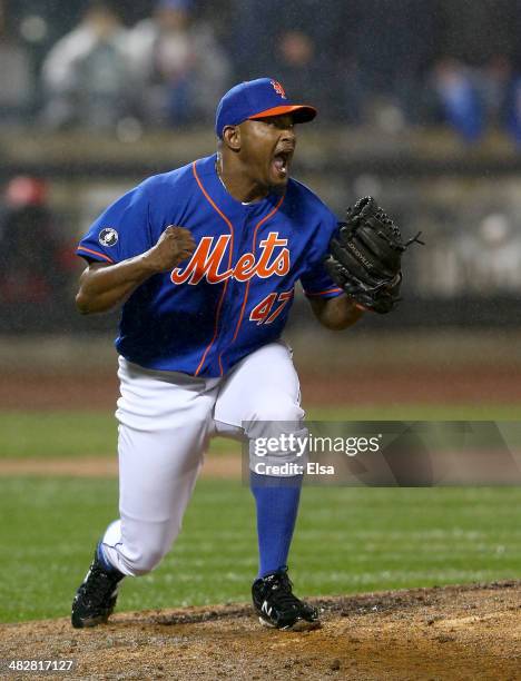 Jose Valverde of the New York Mets celebrates the win after the final out in the ninth inning against the Cincinnati Reds on April 4, 2014 at Citi...