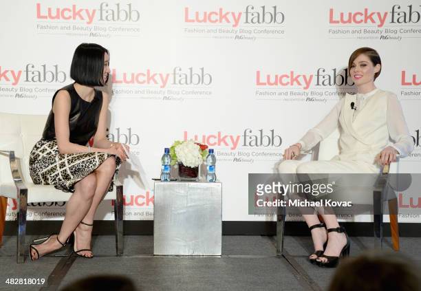 Lucky, Editor In Chief, Eva Chen and Model Coco Rocha speak onstage with Aquacai water during Lucky FABB: Fashion and Beauty Blog Conference...