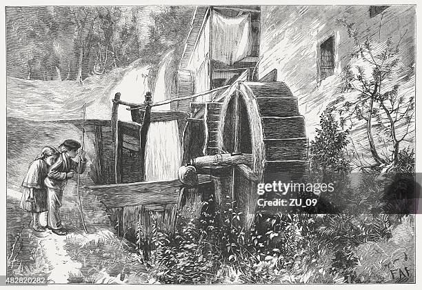 stockillustraties, clipart, cartoons en iconen met mill in the valley, published in 1873 - waterrad