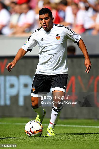 Zakaria Bakkali of Valencia runs with the ball during the Colonia Cup 2015 match between 1. FC Koeln and FC Valencia at RheinEnergieStadion on August...