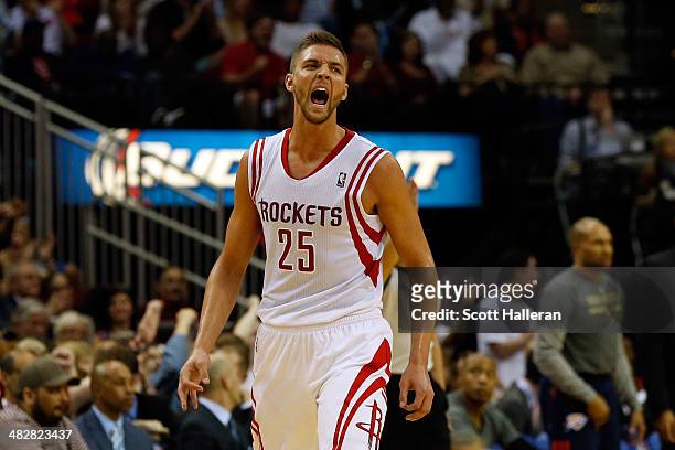 Chandler Parsons of the Houston Rockets reacts after hitting a three pointer in the third period against the Oklahoma City Thunder during a game at...
