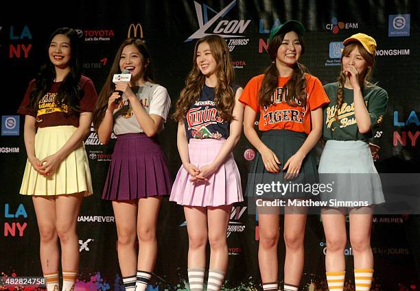 Joy, Yeri, Wendy, Seulgi and Irene of South Korean girl group Red Velvet attend KCON 2015 at the Los Angeles Convention Center on August 2, 2015 in...