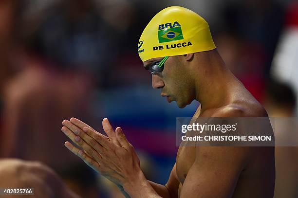 Brazil's Joao De Lucca gets ready to compete in a preliminary heat of the men's 200m freestyle swimming event at the 2015 FINA World Championships in...