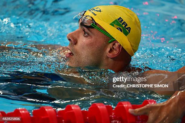 Brazil's Joao De Lucca reacts at the end of a preliminary heat of the men's 200m freestyle swimming event at the 2015 FINA World Championships in...