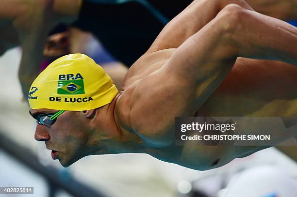 Brazil's Joao De Lucca takes the start of a preliminary heat of the men's 200m freestyle swimming event at the 2015 FINA World Championships in Kazan...