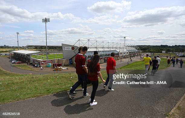 Fans make their way to Sixfields stadium, home of Northampton Town before the pre-season friendly between Northampton Town and Derby County at...