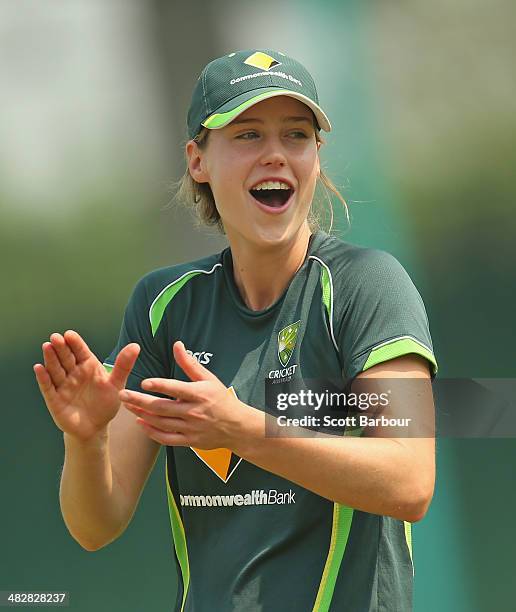 Ellyse Perry of Australia laughs during an Australia Women's nets session ahead of the ICC World Twenty20 Bangladesh 2014 Womens Final at Khan Shaheb...