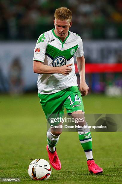 Kevin De Bruyne of VfL Wolfsburg in action during the DFL Supercup match between VfL Wolfsburg and FC Bayern Muenchen at Volkswagen Arena on August...