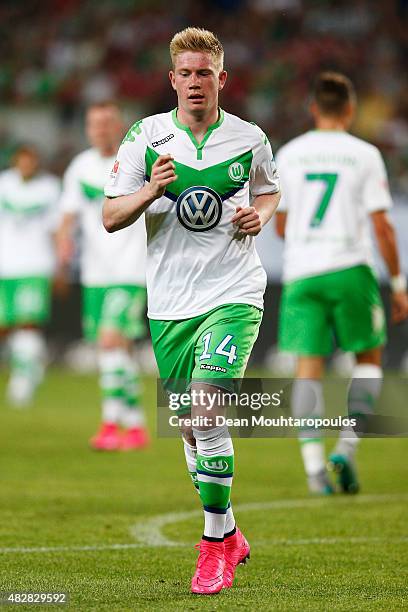 Kevin De Bruyne of VfL Wolfsburg in action during the DFL Supercup match between VfL Wolfsburg and FC Bayern Muenchen at Volkswagen Arena on August...