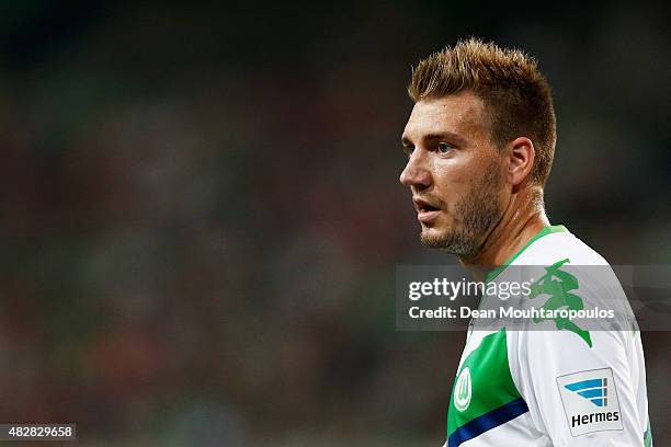 Nicklas Bendtner of VfL Wolfsburg looks on during the DFL Supercup match between VfL Wolfsburg and FC Bayern Muenchen at Volkswagen Arena on August...