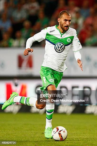 Bas Dost of VfL Wolfsburg in action during the DFL Supercup match between VfL Wolfsburg and FC Bayern Muenchen at Volkswagen Arena on August 1, 2015...