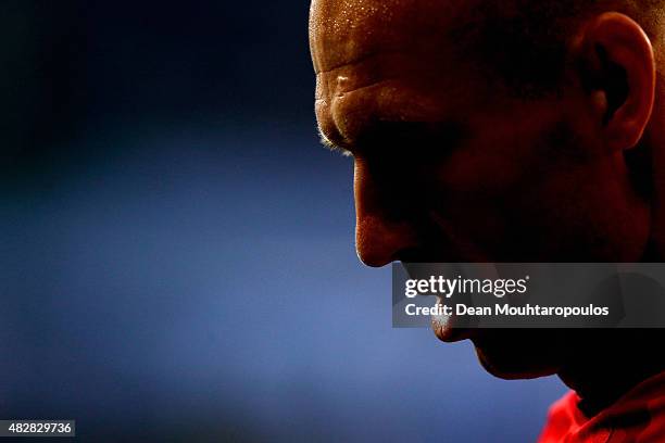 Arjen Robben of Bayern Muenchen looks on during the DFL Supercup match between VfL Wolfsburg and FC Bayern Muenchen at Volkswagen Arena on August 1,...