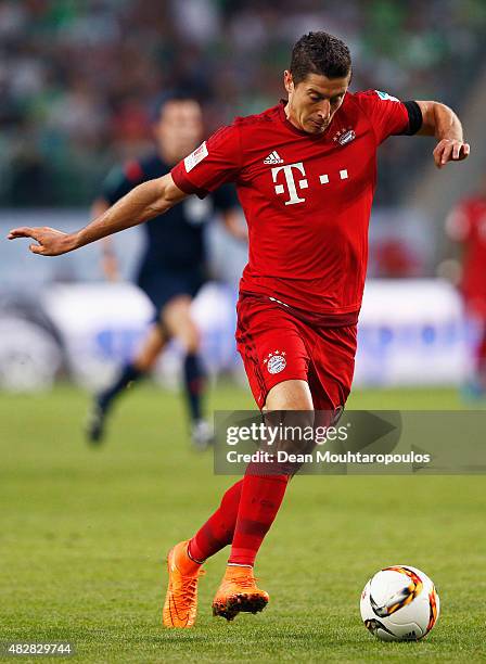 Robert Lewandowski of Bayern Muenchen in action during the DFL Supercup match between VfL Wolfsburg and FC Bayern Muenchen at Volkswagen Arena on...