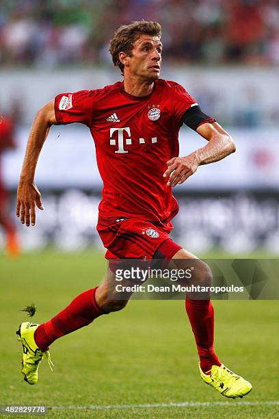 Thomas Muller of Bayern Muenchen in action during the DFL Supercup match between VfL Wolfsburg and FC Bayern Muenchen at Volkswagen Arena on August...