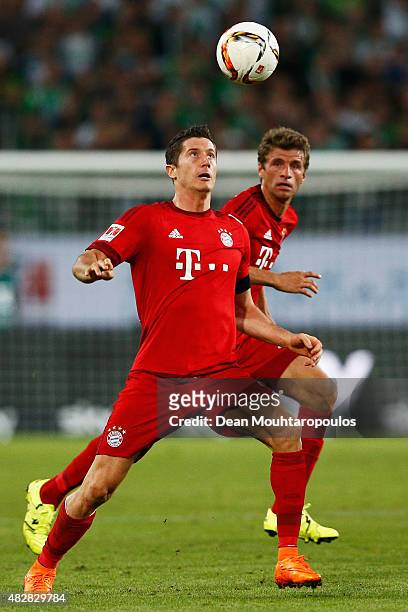 Robert Lewandowski of Bayern Muenchen in action during the DFL Supercup match between VfL Wolfsburg and FC Bayern Muenchen at Volkswagen Arena on...