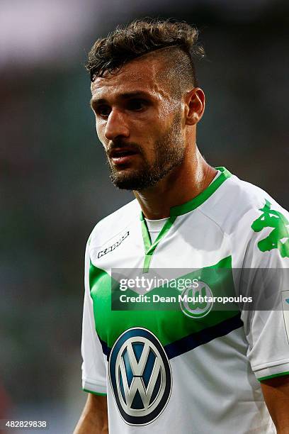 Daniel Caligiuri of VfL Wolfsburg looks on during the DFL Supercup match between VfL Wolfsburg and FC Bayern Muenchen at Volkswagen Arena on August...