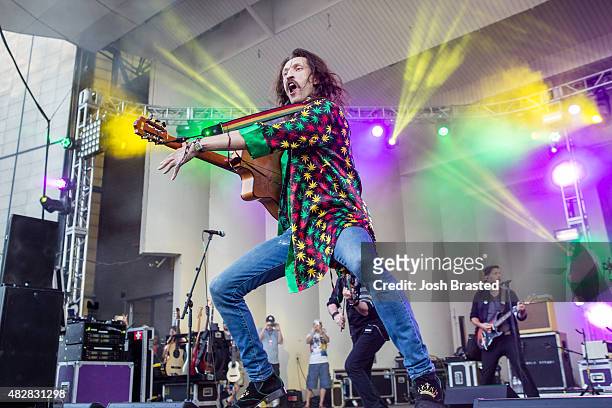 Eugene Hutz of Gogol Bordello performs on stage at the 2015 Lollapalooza music festival at Grant Park on August 2, 2015 in Chicago, Illinois.