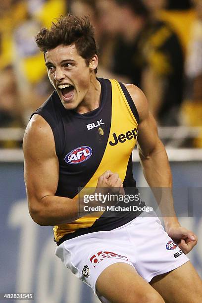 Nathan Gordon of the Tigers celebrates a goal during the round three AFL match between the Western Bulldogs and the Richmond Tigers at Etihad Stadium...