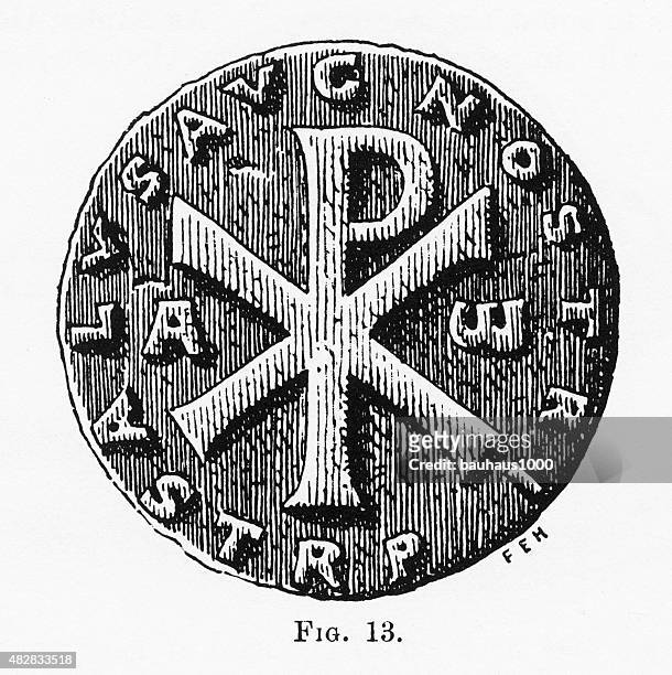 ancient christian coin with christian symbolism engraving - ancient roman coin stock illustrations